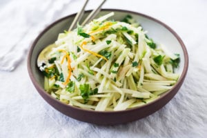 Delicious and refreshing Kohlrabi Slaw with cilantro, jalapeño and lime! Vegan, GF | www.feastingathome.com #kohlrabi #kohlrabirecipes #kohlrabislaw #kohlrabirecipe #kohlrabisalad