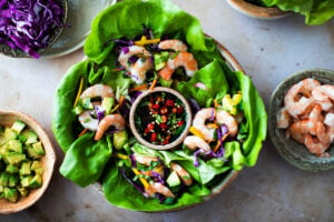 Vietnamese Shrimp Lettuce Wraps with Nuoc Cham, a light and refreshing appetizer, perfect for hot summer days. Flavorful, healthy and low in carbs and calories. #shrimp #shrimpappetizer #lowcarb #shrimpwrap #lettucewrap