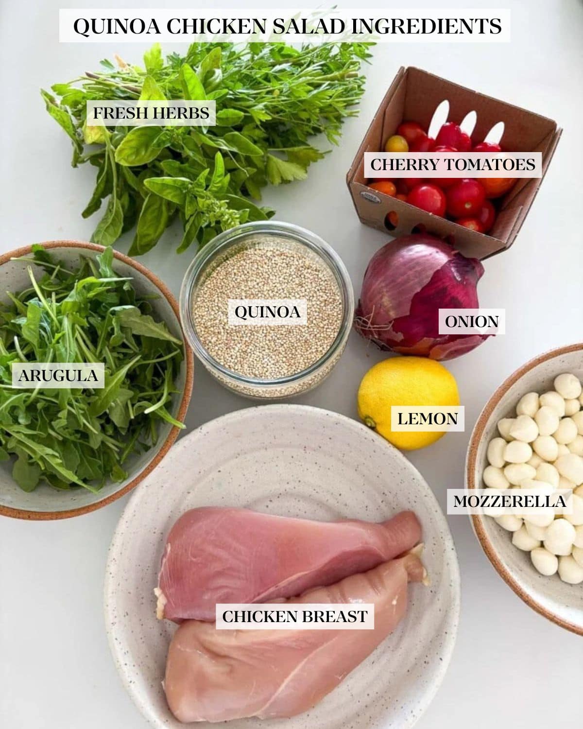 Ingredients in chicken quinoa salad.