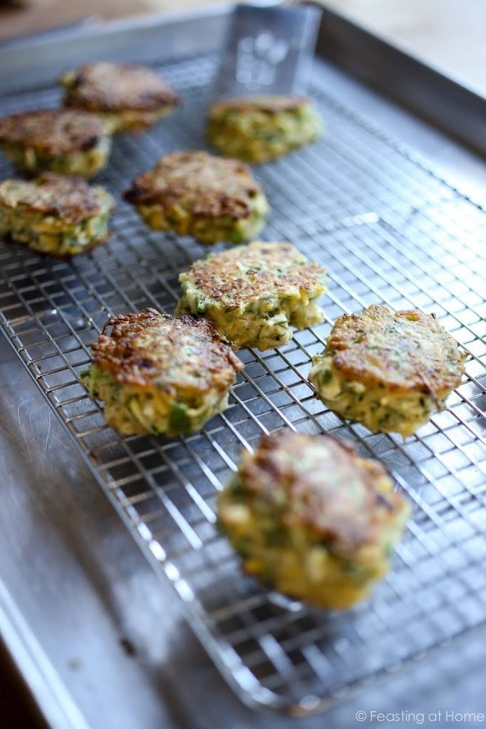 zucchini fritters on a wire rack. 