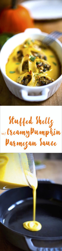 A delicious fall recipe for Stuffed Shells with a Creamy Pumpkin Parmesan Sauce...so Tasty! | www.feastingathome.com