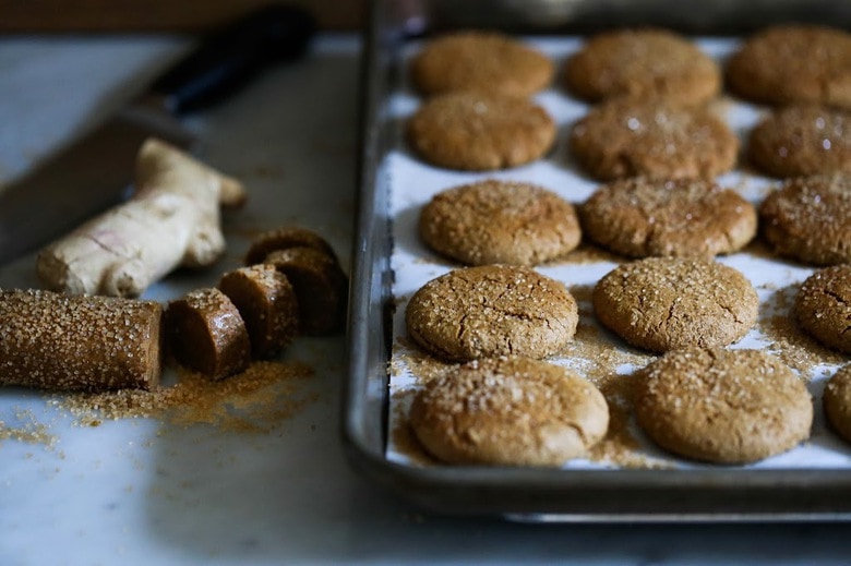 Chewy Triple Ginger Cookies, with three kinds of ginger- ground ginger, fresh raw ginger and candied ginger! #gingercookie #holidaycookie #chrismascookie #molassescookie | www.feastingathome.com