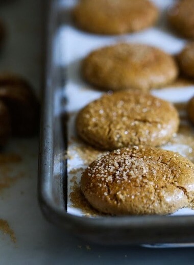 Chewy Triple Ginger Cookies, with three kinds of ginger- ground ginger, fresh raw ginger and candied ginger! #gingercookie #holidaycookie #chrismascookie #molassescookie | www.feastingathome.com
