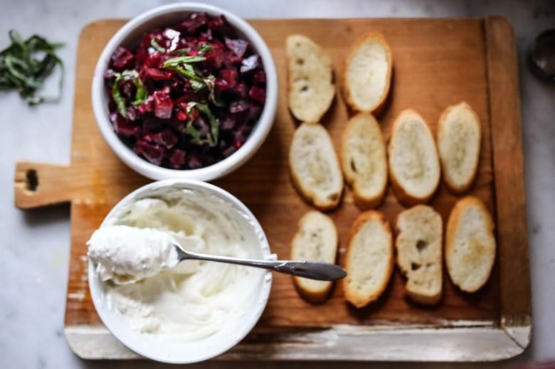 Beet Bruschetta with Goat Cheese and Basil and simple delicious appetizer that is full of amazing flavor! #beets #beet #appetizer #bruschetta #beetrecipes #goatcheese #beetappetizer