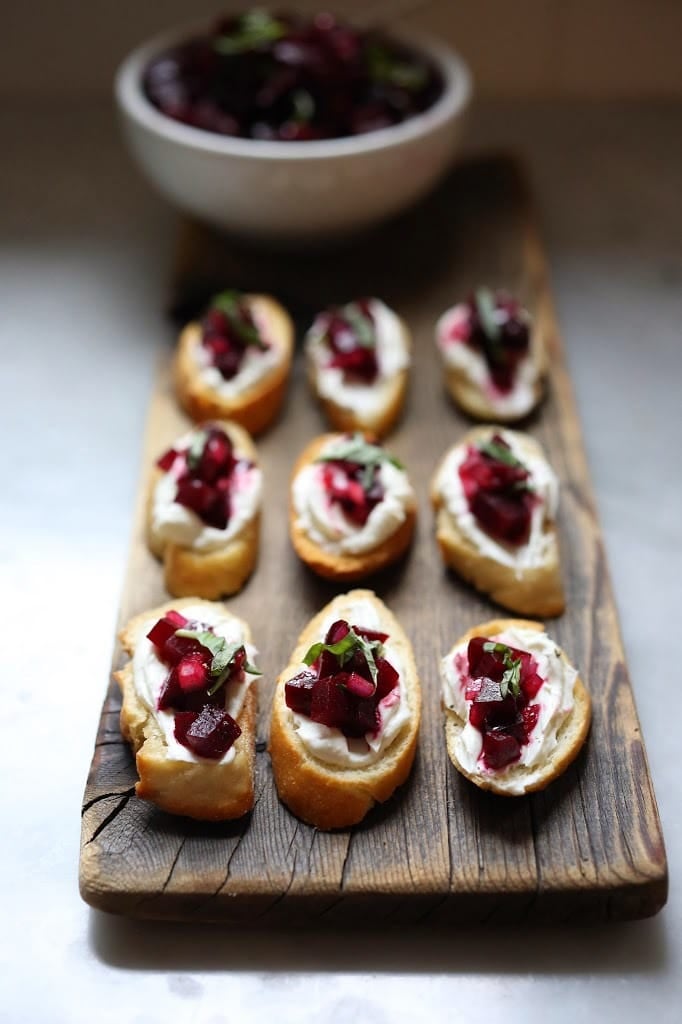 Beet Bruschetta with Goat cheese and basil, as simple tasty recipe| www.feastingathome.com