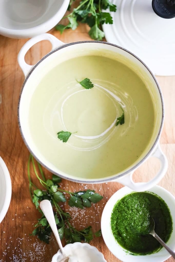 A delicious recipe for Celeriac and Fennel soup with Parsley oil and optional creme fraise | www.feastingathome.com