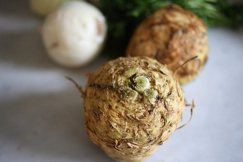 A delicious recipe for Celeriac and Fennel soup with Parsley oil and optional creme fraise | www.feastingathome.com