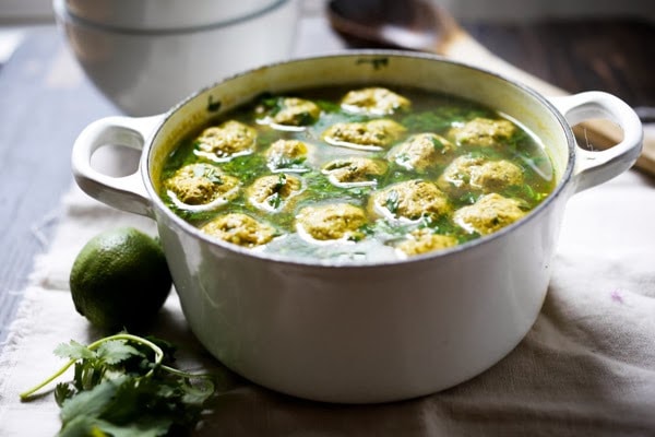 Meatball Soup with Turmeric, Spinach and Lime - inspired by flavors form the Middle East. This Easy, low- carb is healthy, light and full of amazing flavor! #paleo #keto #meatballsoup #broth #brothbasedsoup #meatballsouprecipe #lowcarbsoup #middleeastern