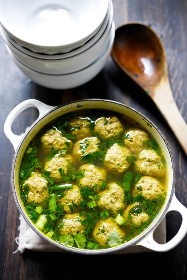 Middle Eastern Meatball Soup with Cilantro and Lime - with the most delicious broth! Make with turkey, lamb, beef or chicken. | www.feastingathome.com