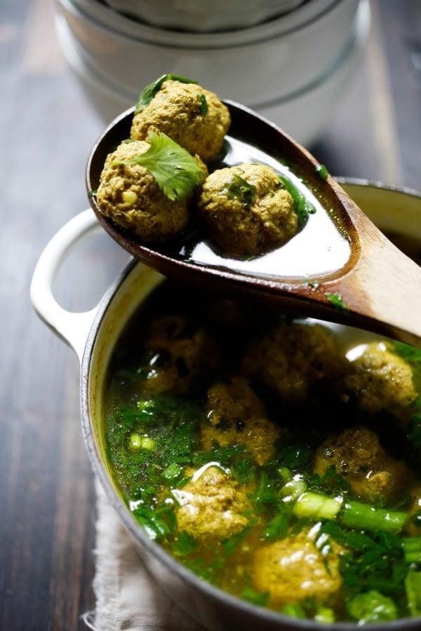 Meatball Soup with Turmeric, Spinach and Lime - inspired by flavors form the Middle East. This Easy, low- carb is healthy, light and full of amazing flavor! #paleo #keto #meatballsoup #broth #brothbasedsoup #meatballsouprecipe #lowcarbsoup #middleeastern