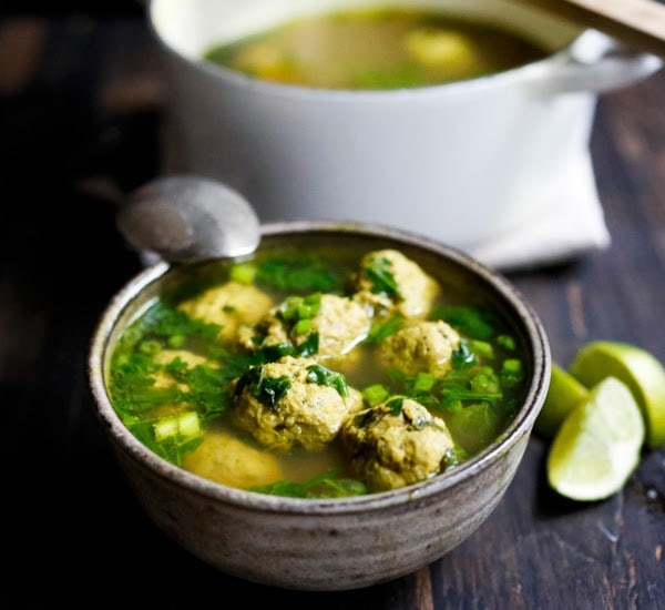 Meatball Soup with Turmeric, Spinach and Lime