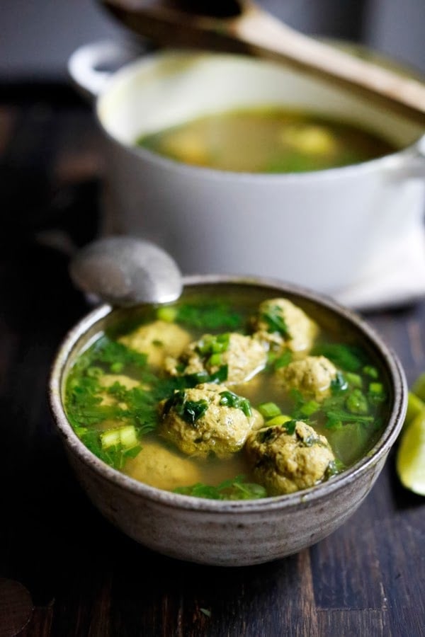 Meatball Soup with Turmeric, Spinach and Lime - inspired by flavors form the Middle East. This Easy, low- carb is healthy, light and full of amazing flavor! #paleo #keto #meatballsoup #broth #brothbasedsoup #meatballsouprecipe #lowcarbsoup #middleeastern