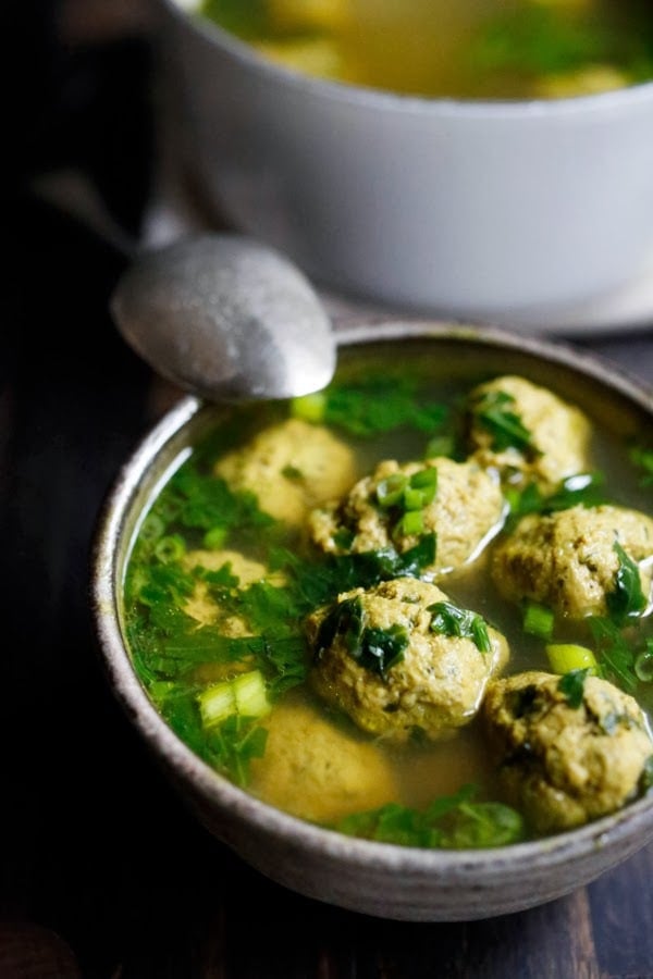 Meatball Soup with Turmeric, Spinach and Lime - inspired by flavors form the Middle East. This Easy, low- carb is healthy, light and full of amazing flavor! #paleo #keto #meatballsoup #broth #brothbasedsoup #meatballsouprecipe #lowcarbsoup #middleeastern