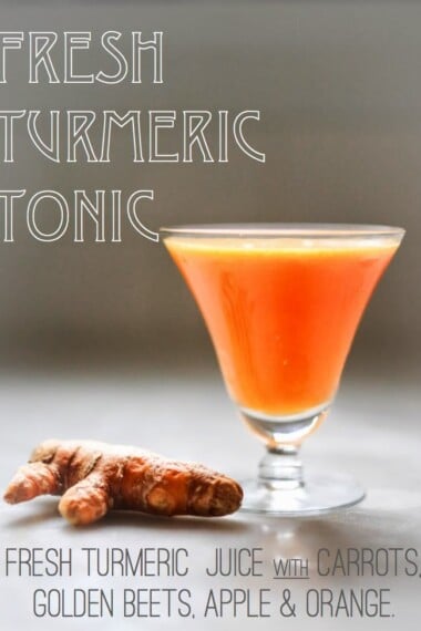 Delicious and detoxing Turmeric Tonic - a fresh and energizing juice made with fresh turmeric root, ginger, orange, apple and carrot to help sooth the body, fight inflammation, and revitalize and energize. Sunshine for the soul! 