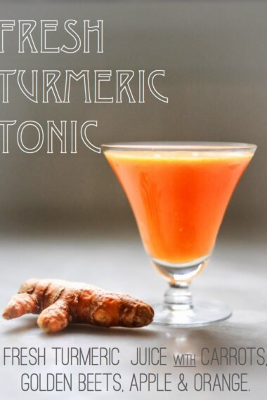 Delicious and detoxing Turmeric Tonic - a fresh and energizing juice made with fresh turmeric root, ginger, orange, apple and carrot to help sooth the body, fight inflammation, and revitalize and energize. Sunshine for the soul! 