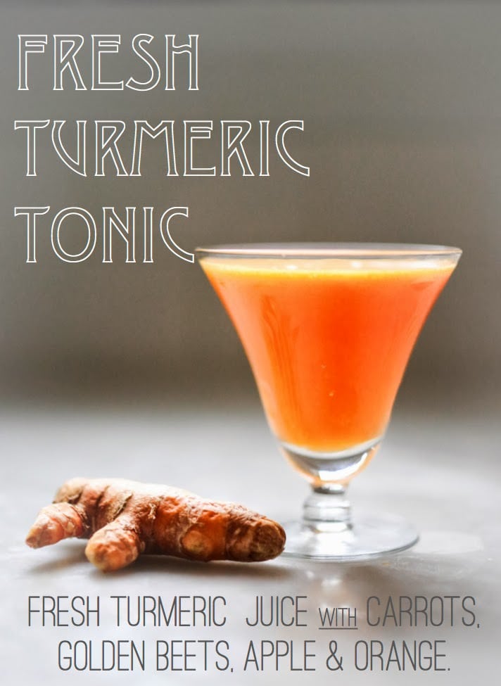 Delicious and detoxing Turmeric Tonic - a fresh and energizing juice made with fresh turmeric root, ginger, orange, apple and carrot to help sooth the body, fight inflammation, and revitalize and energize. Sunshine for the soul! 