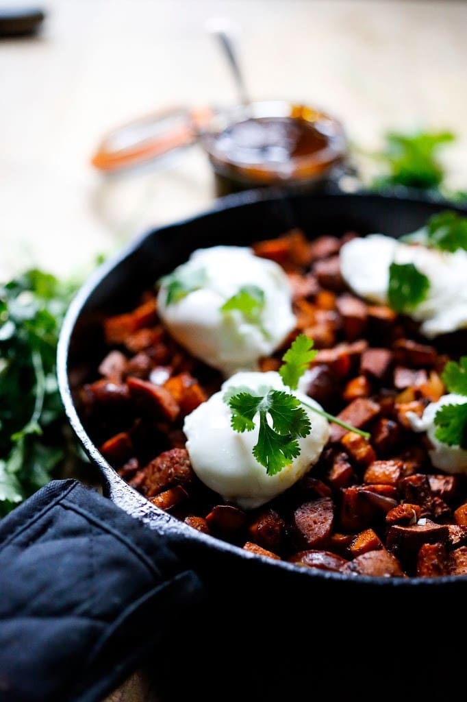 Sweet Potato hash with poached eggs and harissa.