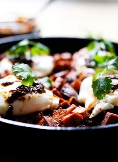 Sweet Potato Hash with Eggs and harissa paste