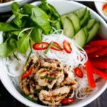 Vietnamese Vermicelli Noodle Bowl w/ lemongrass chicken (or shrimp or tofu) served over rice vermicelli noodles, with veggies and herbs & flavorful Vietnamese dressing, called Nuoc Cham.