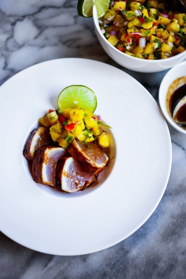 Seared Hawaiian Ono with Honey Soy Glaze and fresh Pineapple Salsa...an elegant healthy meal, perfect for a gathering or dinner party. Easy, delicious!