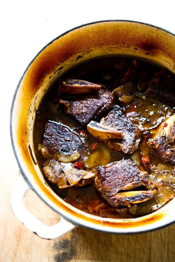 meat for Mexican short rib tacos in braising liquid.