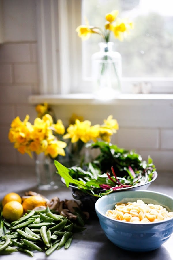 Spring Orecchiette Pasta with asparagus, mushrooms, peas and fresh herbs in a light carbonara sauce with dollops of creamy Burrata cheese. | #orecchiette #burrata #springpasta