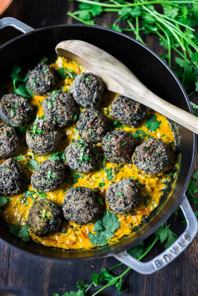 Vegan Lentil tofu meat balls with coconut curry sauce