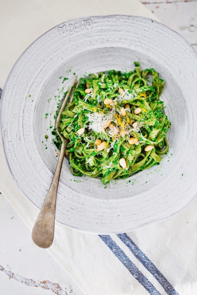 Nettle Pesto Pasta with toasted pine nuts and lemon zest | www.feastingathome.com