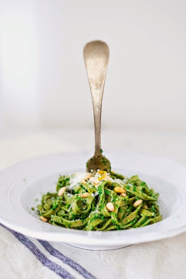 Nettle Pesto Pasta with toasted pine nuts and lemon zest | www.feastingathome.com