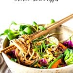 Creamy, vegan Sesame Noodles, loaded up with healthy veggies and tossed in the most delicious Sesame Sauce made with tahini paste! Make this in 20 minutes flat and keep it vegan or add chicken- up to you! #sesamenoodles #vegan #noodlebowl