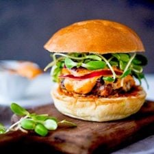 Grilled Lamb Burger with Harissa Aioli