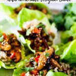 Delicious Vegan Lettuce Wraps are filled with Teriyaki Mushrooms and brown rice- an easy Asian-inspired lunch idea or appetizer that is healthy and satisfying.  #veganlunch #vegan #veganlettucewrap #shiitakewrap