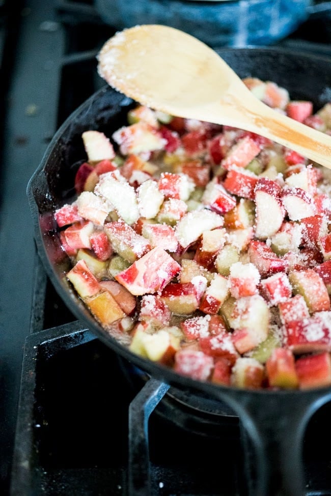 Upside Down Rhubarb Cake that is gluten free- made with Almond Flour. Deliciously addictive, perfect for Spring. | www.feastingathome.com #rhubarb #rhubardcake #upsidedowncake #rhubarbtart #glutenfreecake 