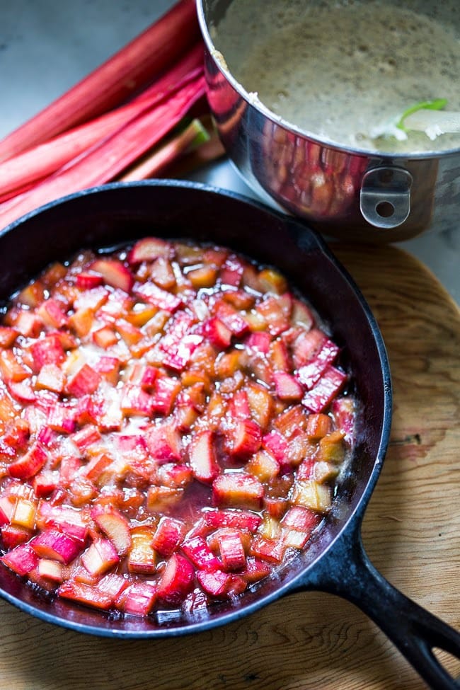 Upside Down Rhubarb Cake that is gluten free- made with Almond Flour. Deliciously addictive, perfect for Spring. | www.feastingathome.com #rhubarb #rhubardcake #upsidedowncake #rhubarbtart #glutenfreecake 