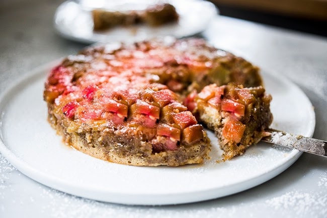 Upside Down Rhubarb Cake that is gluten free- made with Almond Flour. Deliciously addictive, perfect for Spring. | www.feastingathome.com #rhubarb #rhubardcake #upsidedowncake #rhubarbtart #glutenfreecake