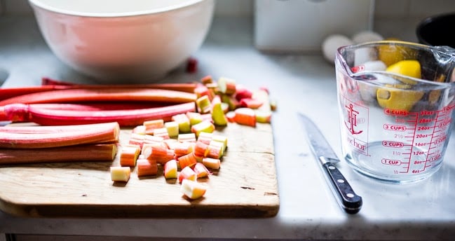 Upside Down Rhubarb Cake that is gluten free- made with Almond Flour. Deliciously addictive, perfect for Spring. | www.feastingathome.com #rhubarb #rhubardcake #upsidedowncake #rhubarbtart #glutenfreecake 