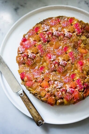 This Rhubarb Cake is gluten-free, grain-free, made with Almond Flour. Deliciously addictive, perfect for Spring! Make it upside-down or right-side up, your choice!