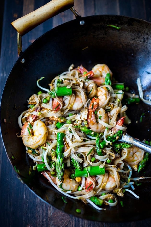  An authentic recipe for Pad Thai made with spring veggies and authentic Thai ingredients, adapted from the Pok Pok Cookbook. #padthai #pokpok #shrimppadthai