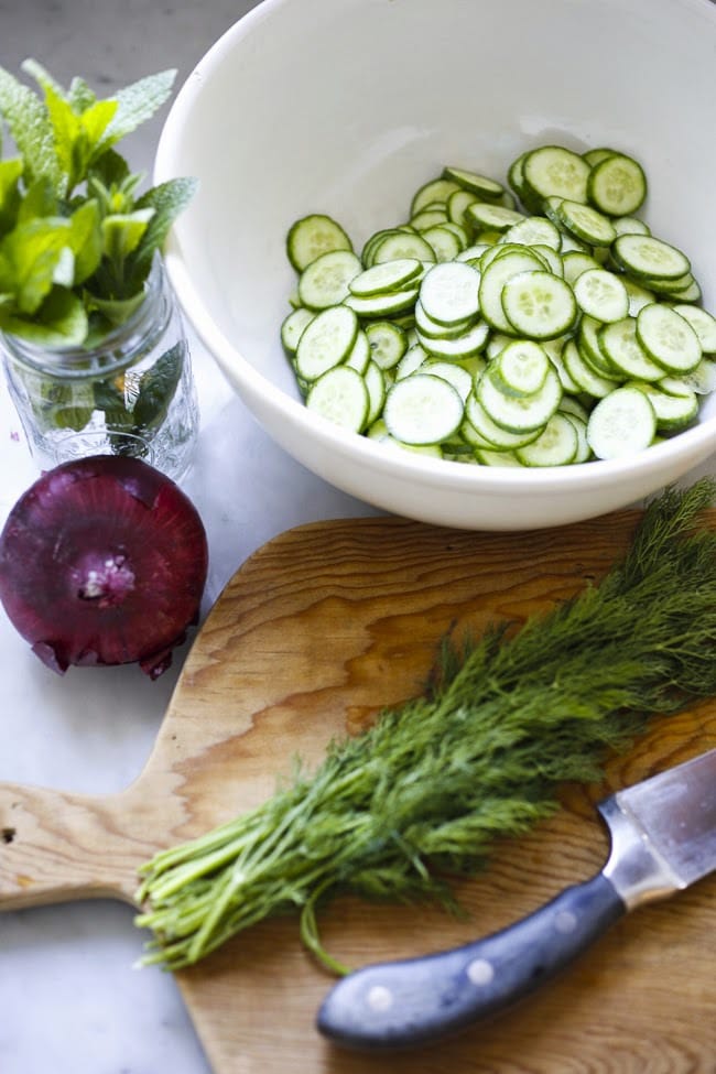 Cool and creamy Turkish Cucumber Salad with fresh dill, mint, lemon and yogurt | #cucumber #cucumbersalad #salad #cucumbers | www.feastingathome.com