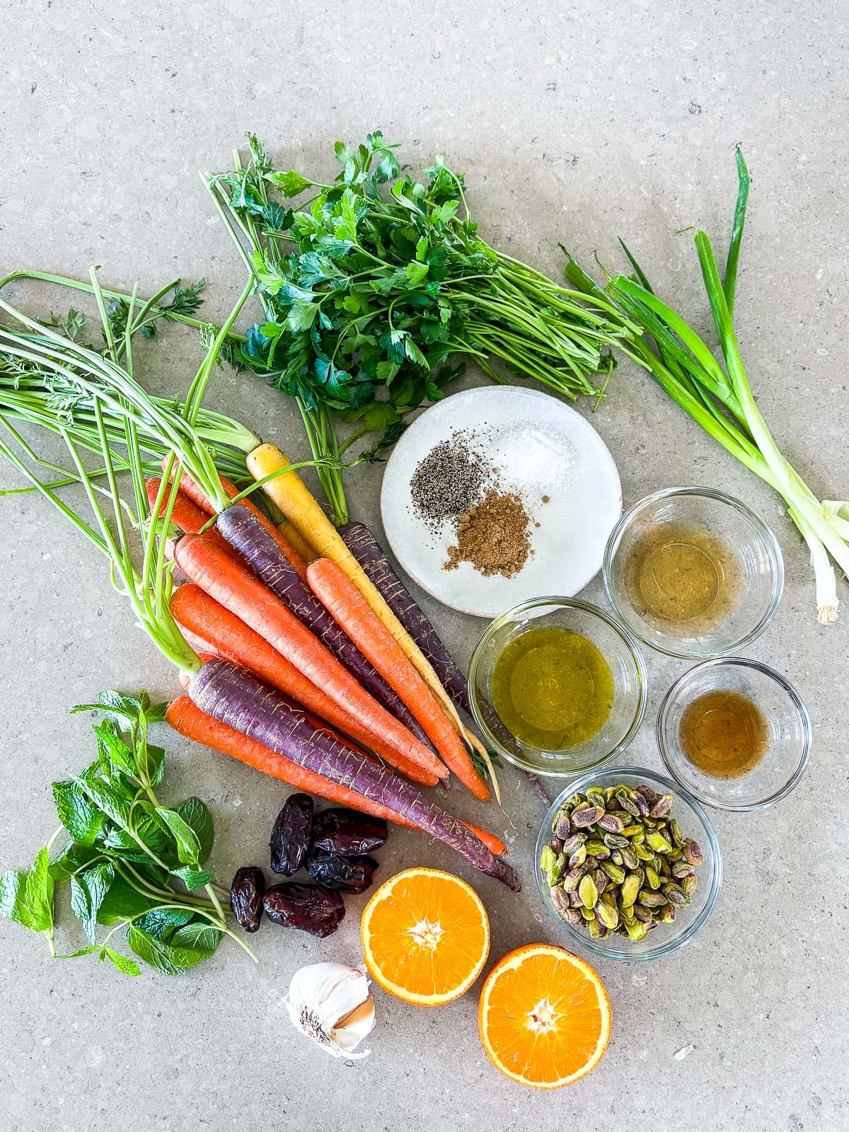 Moroccan Carrot Salad ingredients on the counter.