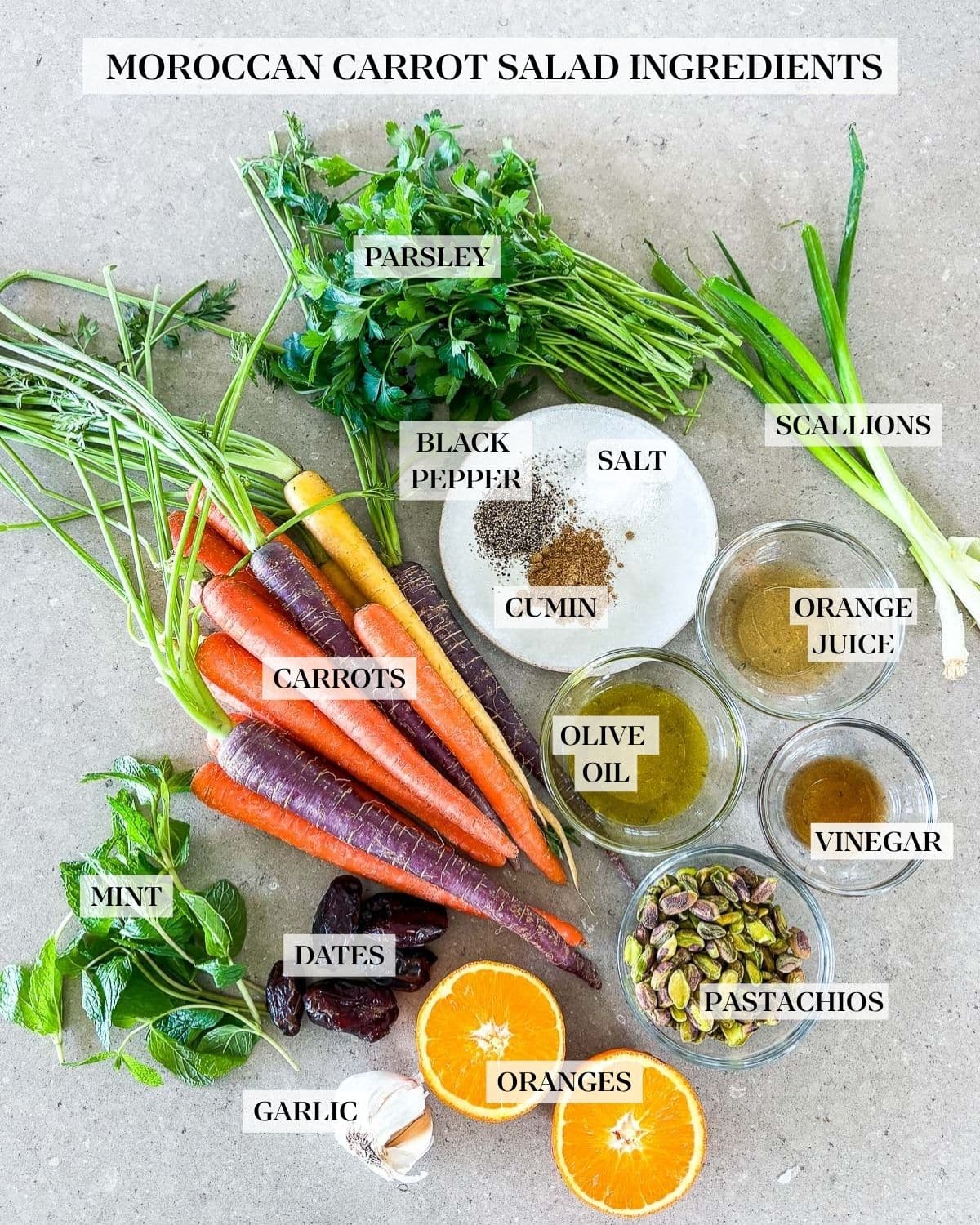 Moroccan Carrot Salad ingredients on the counter. 