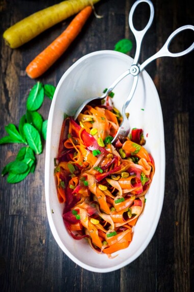 Shaved Carrot Salad with Pistachio and Pomegranate Vinaigrette | www.feastingathome.com