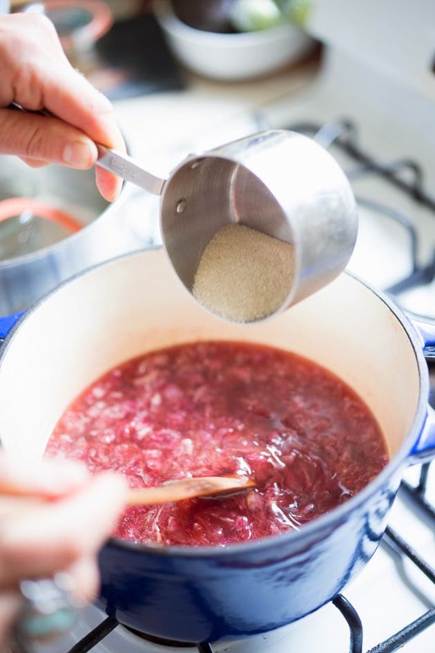 Homemade Rose Petal Jam- a simple delicious recipe made with wild rose petals, perfect on toast, scones or crepes, or spooned over ice-cream or cake. #rosepetaljam #rose #rosejam #roserecipes