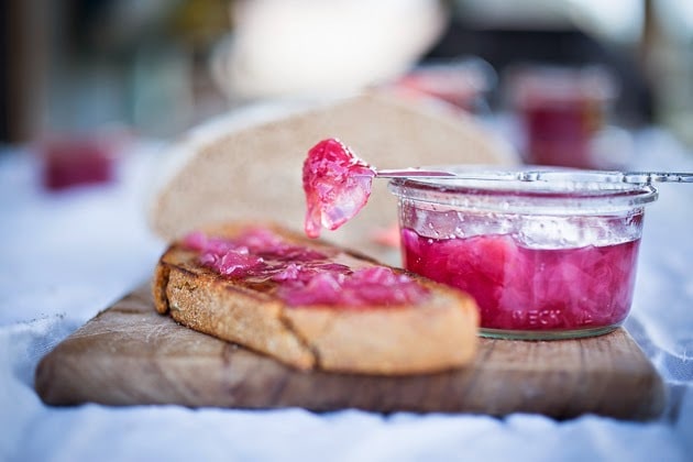Homemade Rose Petal Jam- a simple delicious recipe made with wild rose petals, perfect on toast, scones or crepes, or spooned over ice-cream or cake. #rosepetaljam #rose #rosejam #roserecipes
