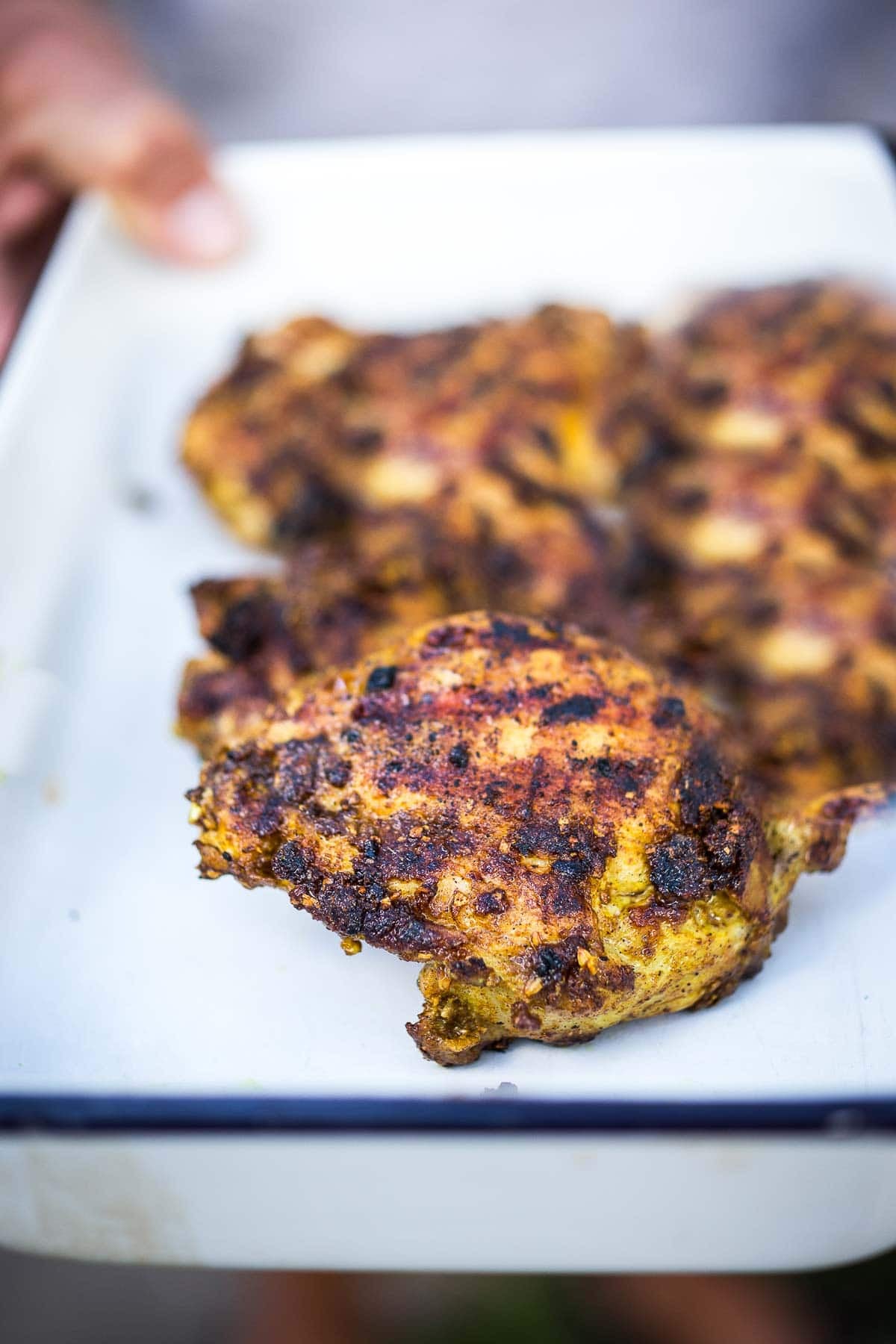 Chicken shawarma in a pan after being grilled.