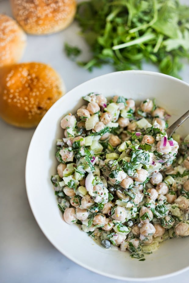Cilantro Chickpea Sliders - flavorful vegan appetizer ( or lunch) that wi EASY and fast! | www.feastingathome.com EASY Vegan Chickpea Salad with fresh herbs, capers and arugula...so delicious! | www.feastingathome.com