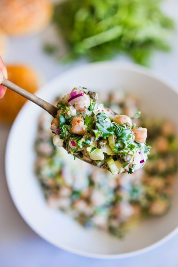 EASY Vegan Chickpea Salad with fresh herbs, capers and arugula...so delicious! | www.feastingathome.com