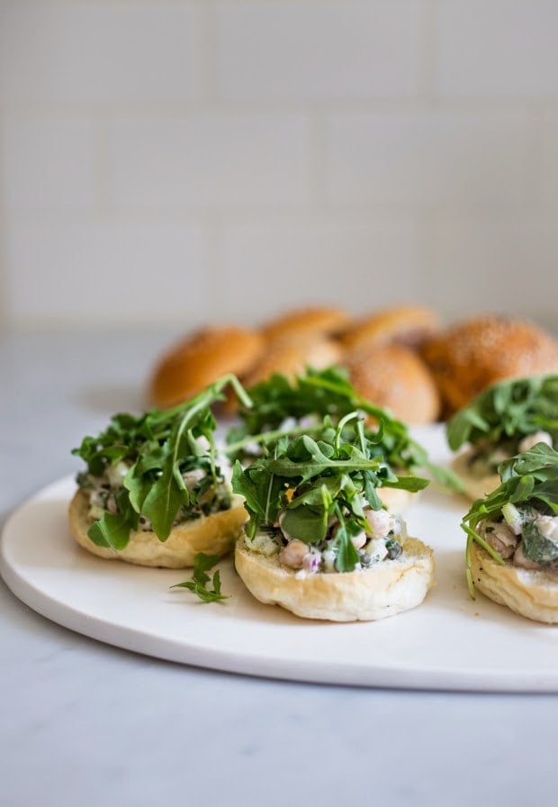 EASY Vegan Chickpea Sliders with fresh herbs, capers and arugula...so delicious! | www.feastingathome.com
