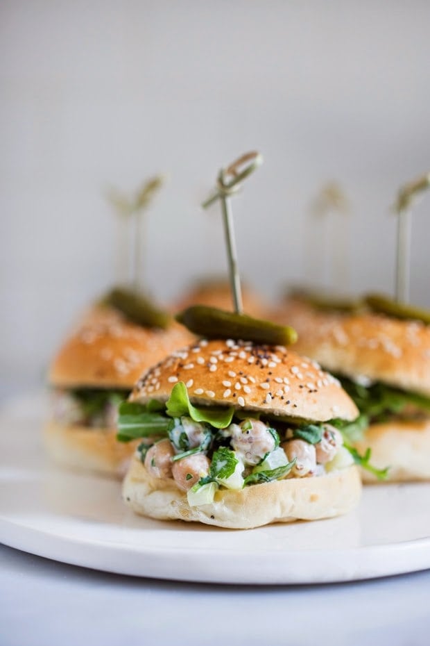 EASY Vegan Chickpea Sliders with fresh herbs, capers and arugula...so delicious! | www.feastingathome.com