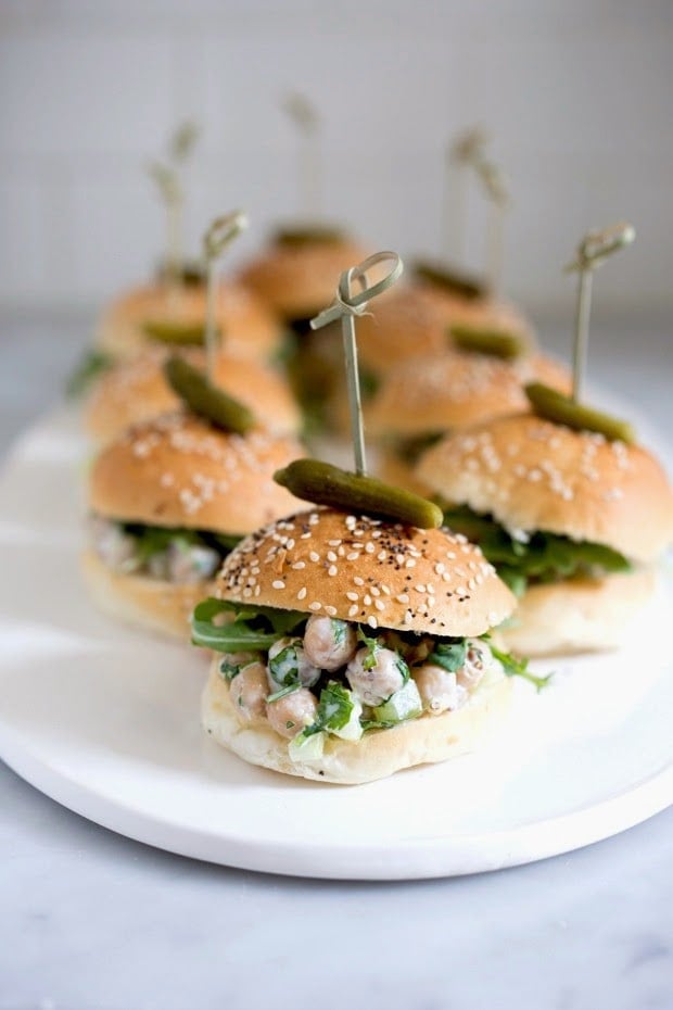 EASY Vegan Chickpea Sliders with fresh herbs, capers and arugula...so delicious! | www.feastingathome.com